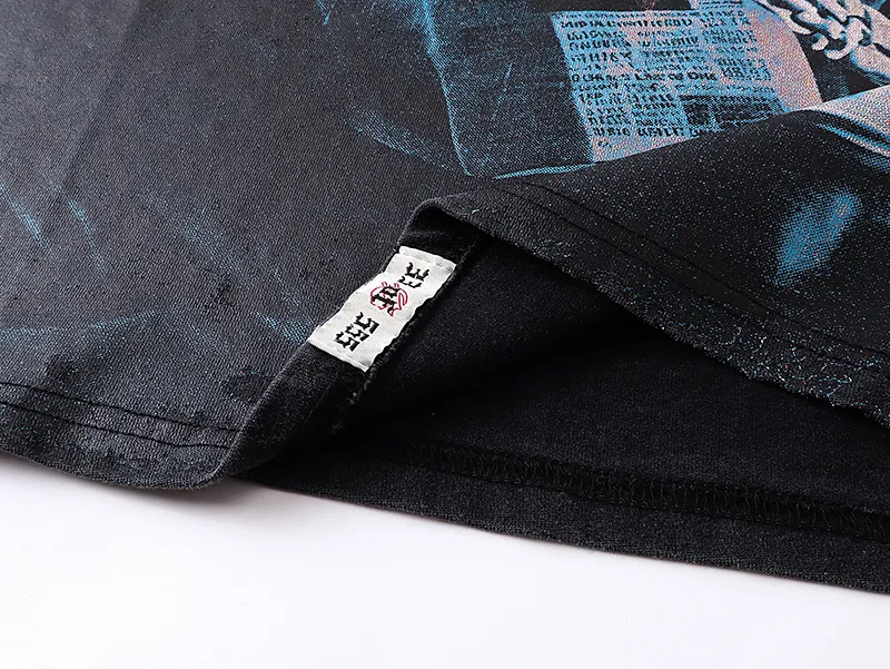 1079# P126 Washed Black Real Shot Godspeed American Fashion Rock Street Retro Washed Distressed Printed Pure Cotton Short Sleeves Fabric: 250g 32 Count Fine Cotton Double Yarn Pure Cotton Color: Washed Black Size: S M L XL
