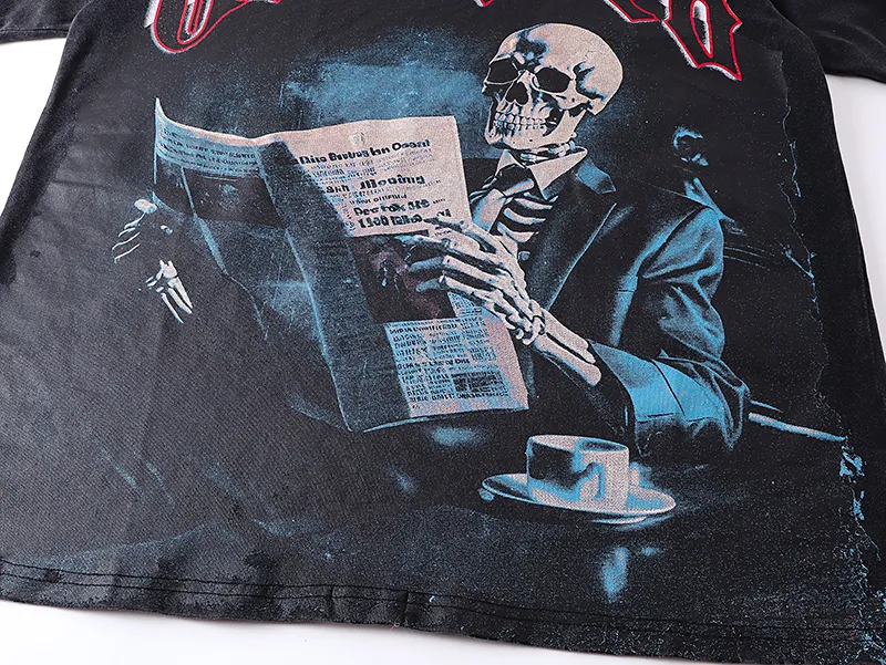 1079# P126 Washed Black Real Shot Godspeed American Fashion Rock Street Retro Washed Distressed Printed Pure Cotton Short Sleeves Fabric: 250g 32 Count Fine Cotton Double Yarn Pure Cotton Color: Washed Black Size: S M L XL