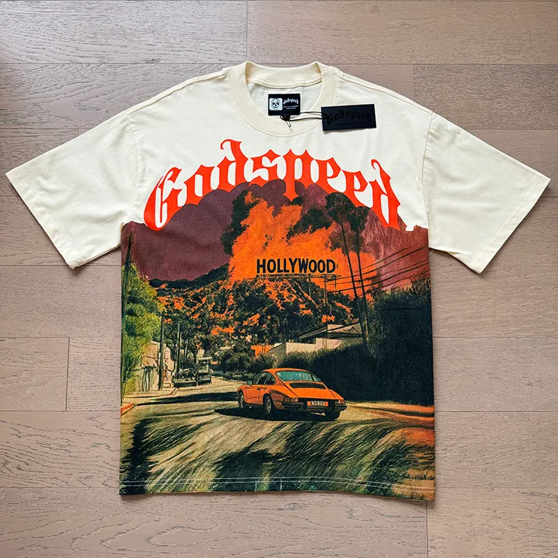 3163# P106 Real shot Godspeed American fashion rock street retro loose printed cotton short sleeves Fabric: 240g 32 count fine cotton double yarn pure cotton Color: apricot Size: S M L XL