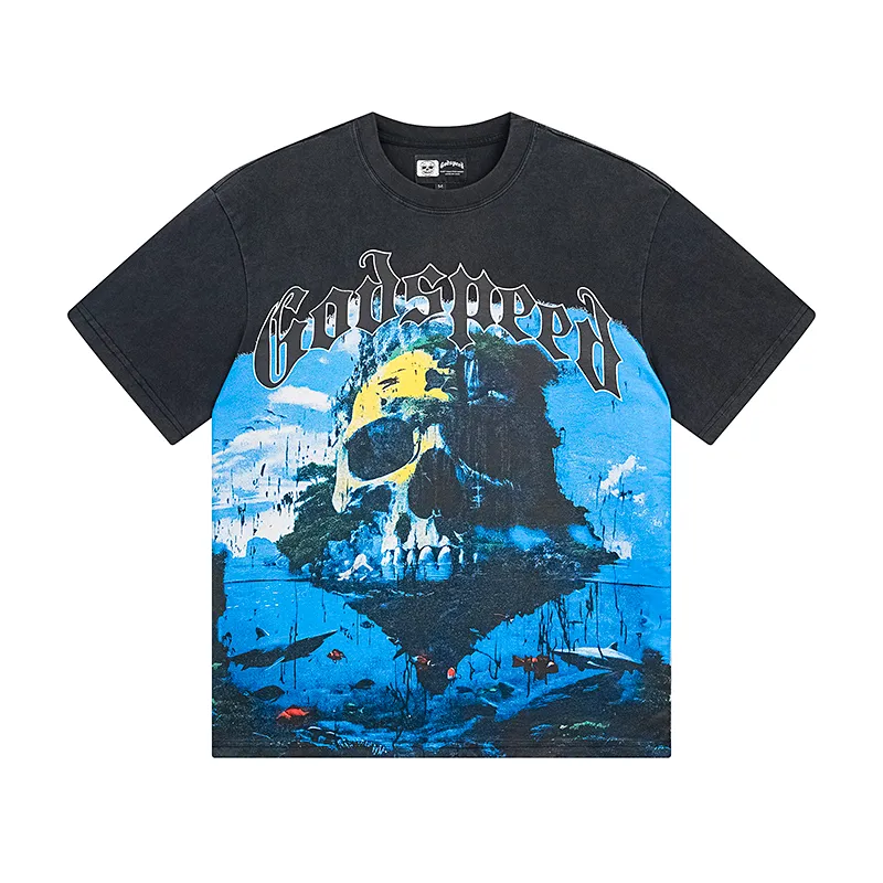 1083# P126 Washed Black Real Shot Godspeed American Fashion Rock Street Retro Washed Distressed Printed Cotton Short Sleeves Fabric: 250g 32 Count Fine Cotton Double Yarn Pure Cotton Color: Washed Black Size: S M L XL
