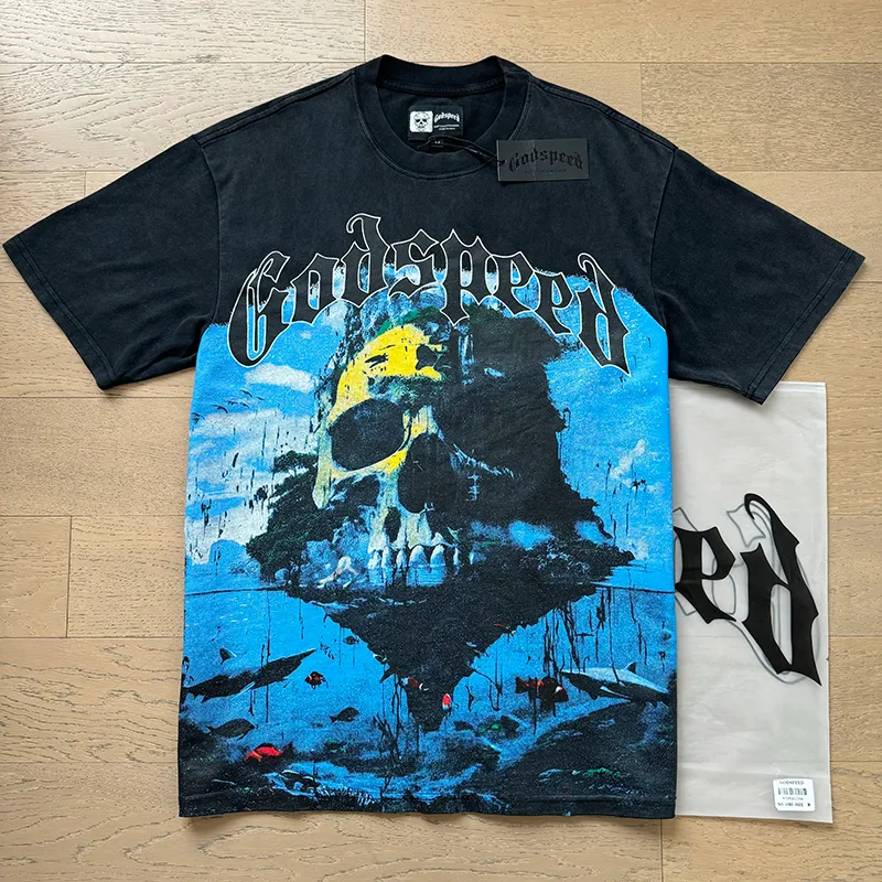 1083# P126 Washed Black Real Shot Godspeed American Fashion Rock Street Retro Washed Distressed Printed Cotton Short Sleeves Fabric: 250g 32 Count Fine Cotton Double Yarn Pure Cotton Color: Washed Black Size: S M L XL