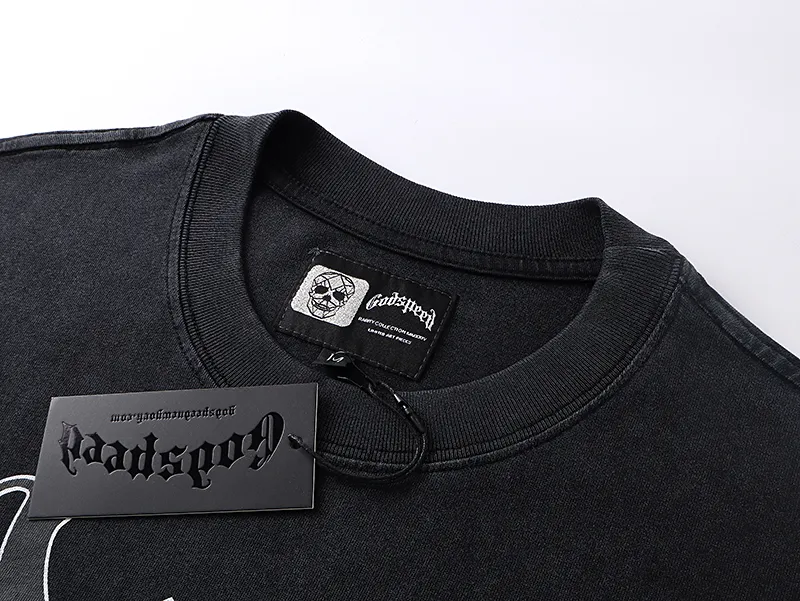 1083# P126 Washed Black Real Shot Godspeed American Fashion Rock Street Retro Washed Distressed Printed Cotton Short Sleeves Fabric: 250g 32 Count Fine Cotton Double Yarn Pure Cotton Color: Washed Black Size: S M L XL