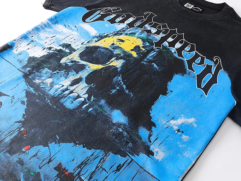 1083# P126 Washed Black Real Shot Godspeed American Fashion Rock Street Retro Washed Distressed Printed Cotton Short Sleeves Fabric: 250g 32 Count Fine Cotton Double Yarn Pure Cotton Color: Washed Black Size: S M L XL