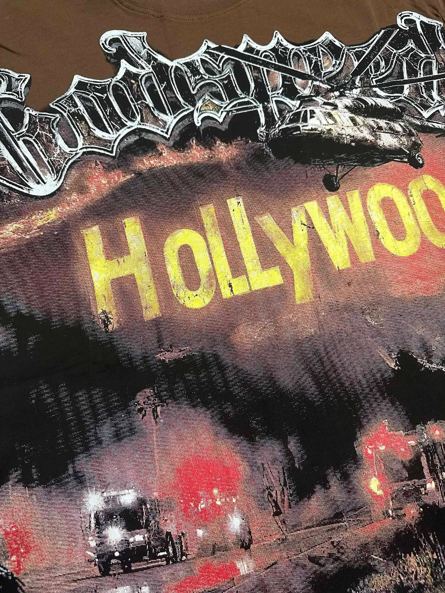 5127#coffee P106 Real shot in stock (exclusive new style) Los Angeles wildfire🔥 scene Godspeed cross-border American rock and roll street wash retro style short-sleeved T (craft printing) fabric (fabric): 32 count combed double yarn 240 grams weight code number (size): S-M-L-XL color (colour): brown