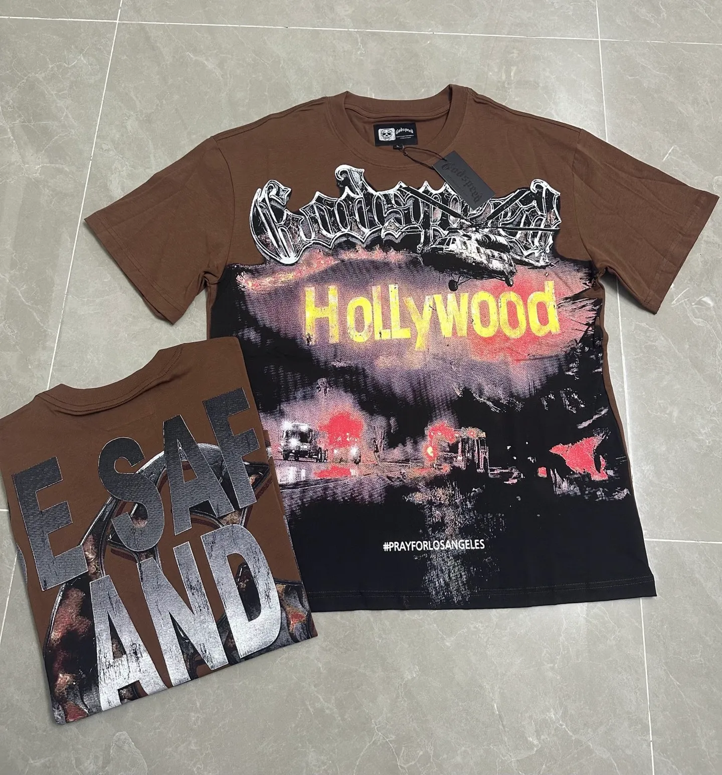 5127#coffee P106 Real shot in stock (exclusive new style) Los Angeles wildfire🔥 scene Godspeed cross-border American rock and roll street wash retro style short-sleeved T (craft printing) fabric (fabric): 32 count combed double yarn 240 grams weight code number (size): S-M-L-XL color (colour): brown