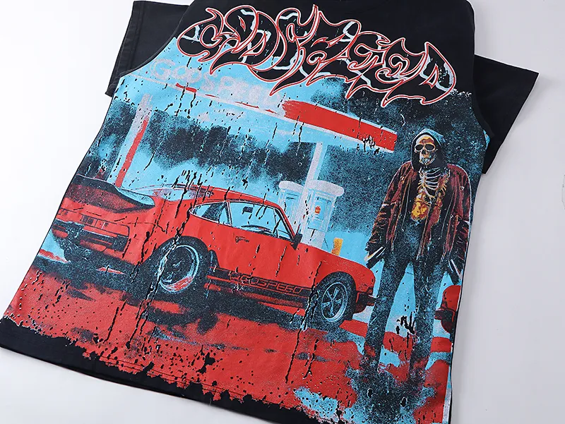 1031# P126 Washed Black Real Shot Godspeed American Fashion Rock Street Retro Washed Distressed Printed Pure Cotton Short Sleeves Fabric: 250g 32 Count Fine Cotton Double Yarn Pure Cotton Color: Washed Black Size: S M L XL