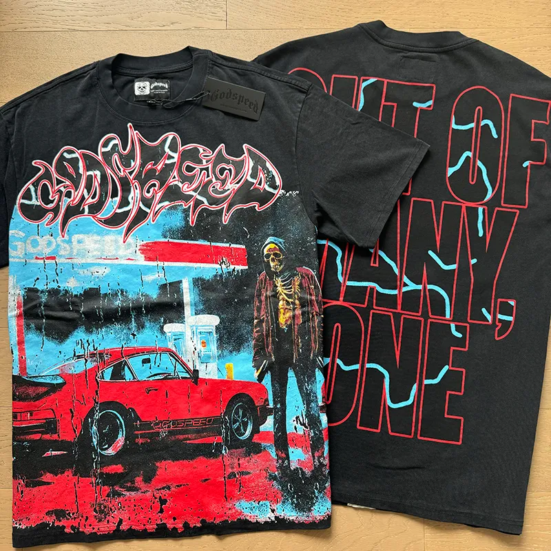 1031# P126 Washed Black Real Shot Godspeed American Fashion Rock Street Retro Washed Distressed Printed Pure Cotton Short Sleeves Fabric: 250g 32 Count Fine Cotton Double Yarn Pure Cotton Color: Washed Black Size: S M L XL