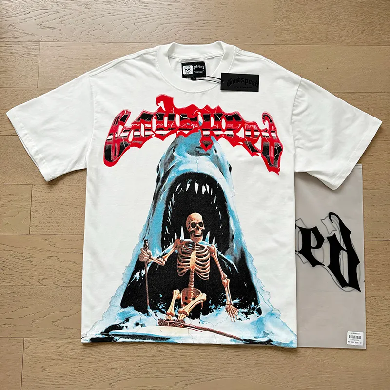 3035# P110 Real shot Godspeed American fashion rock street retro loose printed cotton short sleeves Fabric: 240g 32 count fine cotton double yarn pure cotton Color: off-white apricot Size: S M L XL