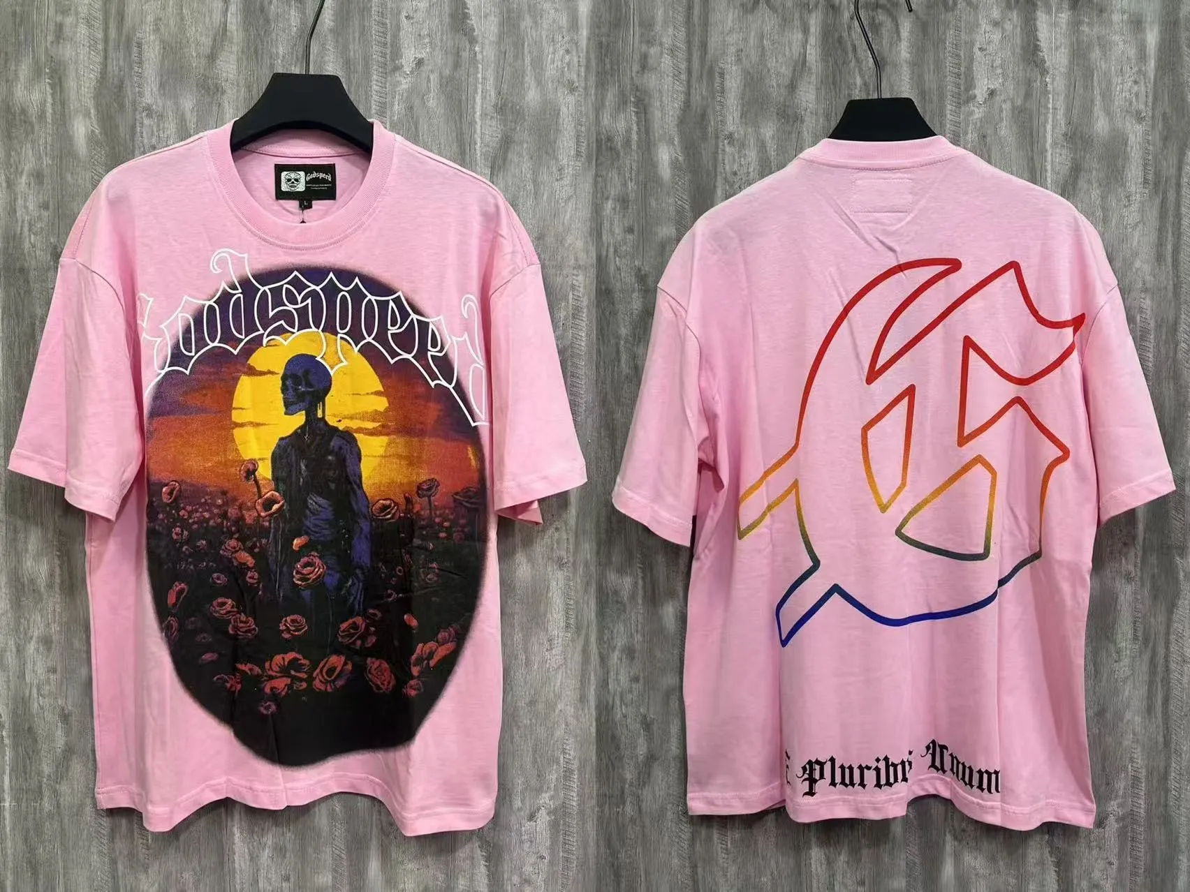 5026#pink｜P104 Godspeed cross-border American rock and roll street washed retro style short-sleeved T (craft printing) fabric (fabric) 32-count combed double yarn 240 grams weight code number (size): S-M-L-XL color (colour): pink