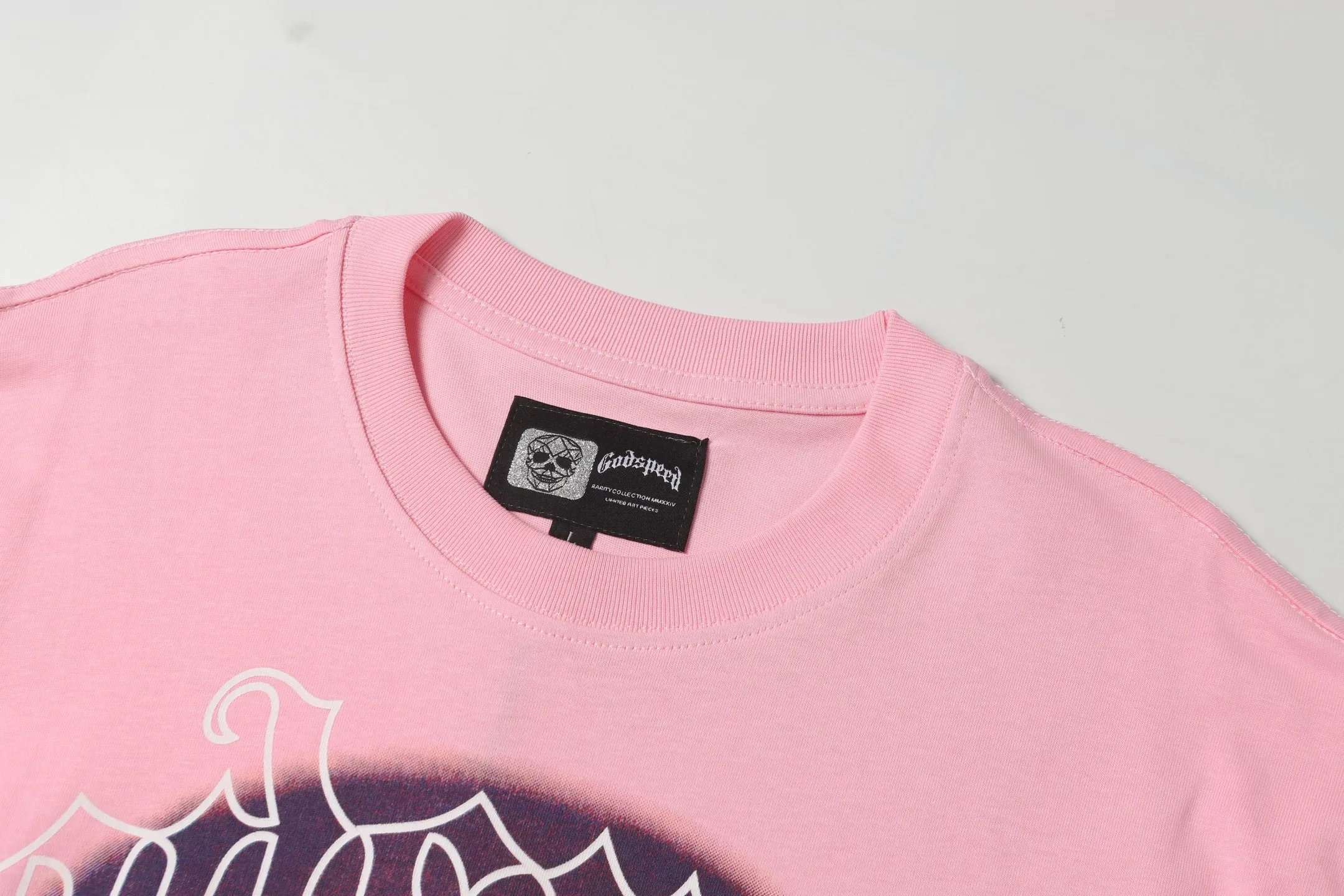 5026#pink｜P104 Godspeed cross-border American rock and roll street washed retro style short-sleeved T (craft printing) fabric (fabric) 32-count combed double yarn 240 grams weight code number (size): S-M-L-XL color (colour): pink