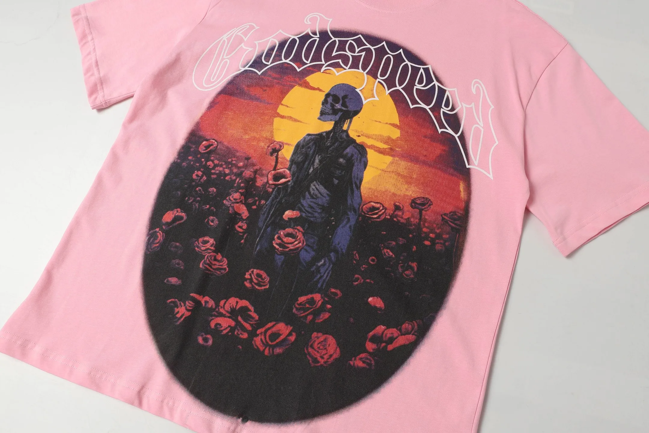 5026#pink｜P104 Godspeed cross-border American rock and roll street washed retro style short-sleeved T (craft printing) fabric (fabric) 32-count combed double yarn 240 grams weight code number (size): S-M-L-XL color (colour): pink