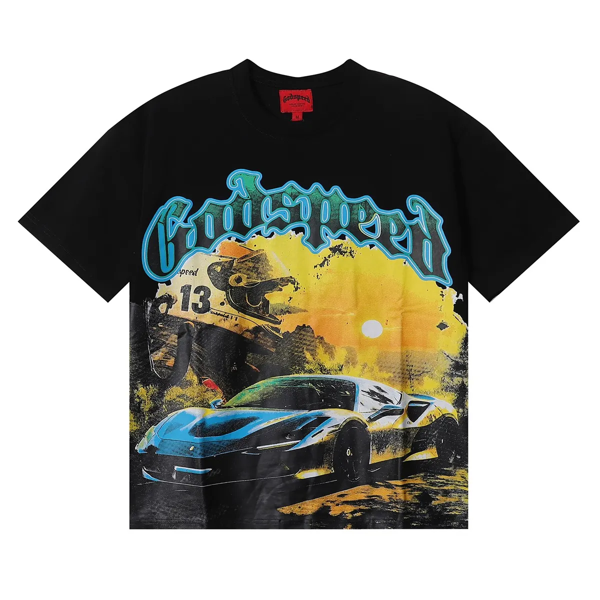 No. 7011, Mechao Godspeed racing sunset print high quality double yarn pure cotton round neck short-sleeved T-shirt batch 110 Color: black, apricot; Size: S M L XL