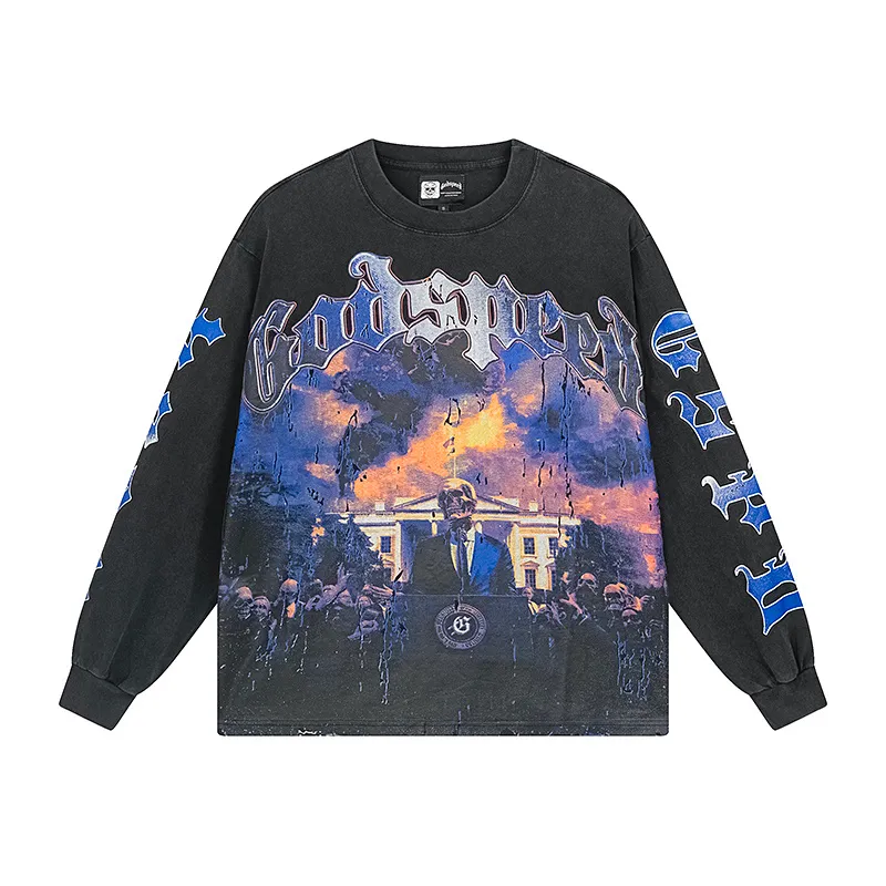 1157# P160 Real shot of Godspeed American fashion street retro washed and distressed pure cotton long T. Fabric: 270g 32 count fine cotton double yarn pure cotton Color: washed black Size: S M L XL