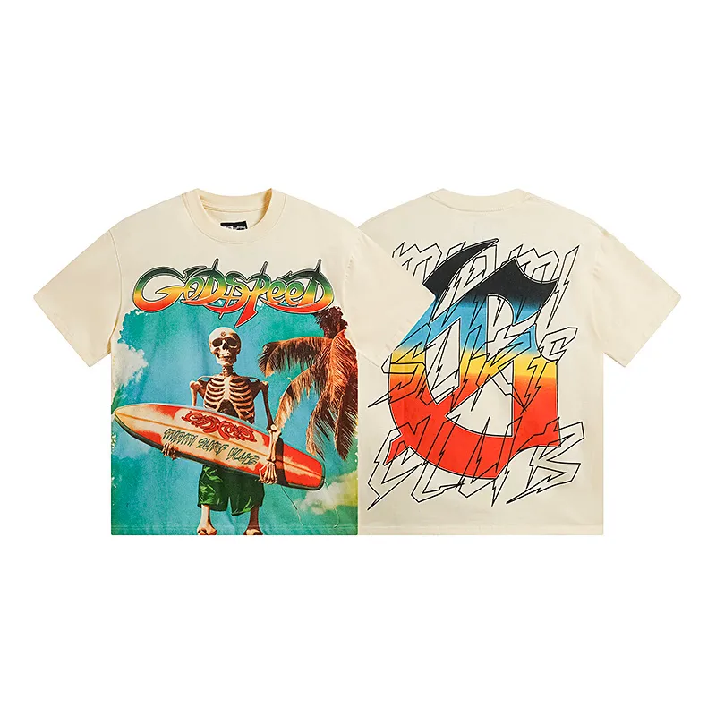 3117# P106 Real shot Godspeed American fashion rock street retro loose printed cotton short sleeves Fabric: 240g 32 count fine cotton double yarn pure cotton Color: apricot white Size: S M L XL