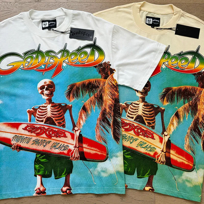 3117# P106 Real shot Godspeed American fashion rock street retro loose printed cotton short sleeves Fabric: 240g 32 count fine cotton double yarn pure cotton Color: apricot white Size: S M L XL