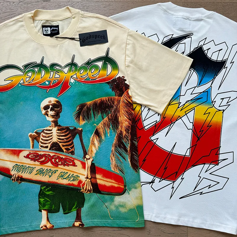 3117# P106 Real shot Godspeed American fashion rock street retro loose printed cotton short sleeves Fabric: 240g 32 count fine cotton double yarn pure cotton Color: apricot white Size: S M L XL