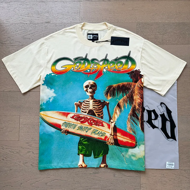 3117# P106 Real shot Godspeed American fashion rock street retro loose printed cotton short sleeves Fabric: 240g 32 count fine cotton double yarn pure cotton Color: apricot white Size: S M L XL