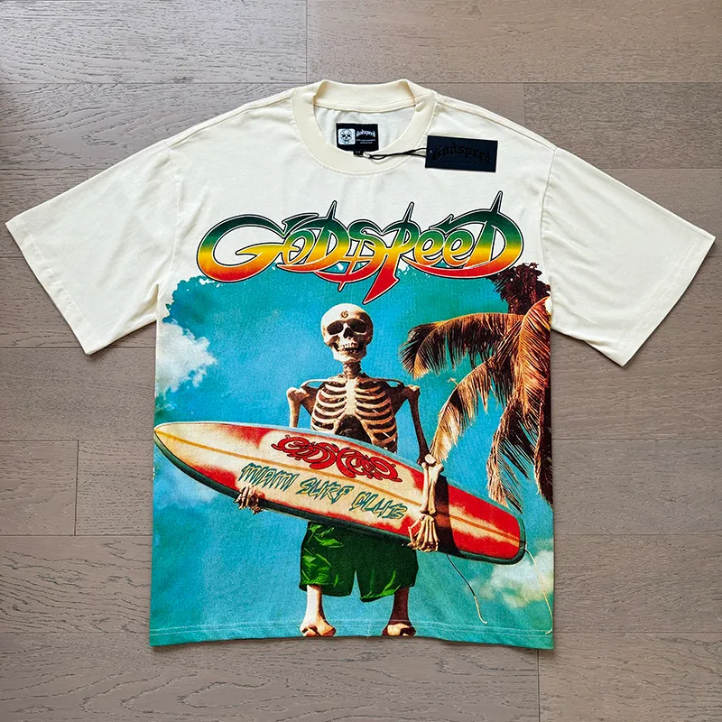 3117# P106 Real shot Godspeed American fashion rock street retro loose printed cotton short sleeves Fabric: 240g 32 count fine cotton double yarn pure cotton Color: apricot white Size: S M L XL