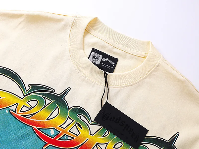 3117# P106 Real shot Godspeed American fashion rock street retro loose printed cotton short sleeves Fabric: 240g 32 count fine cotton double yarn pure cotton Color: apricot white Size: S M L XL