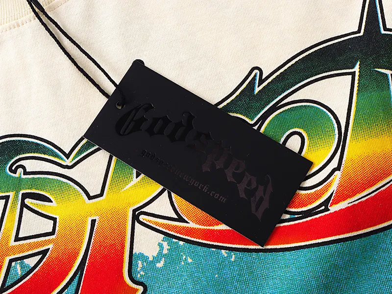 3117# P106 Real shot Godspeed American fashion rock street retro loose printed cotton short sleeves Fabric: 240g 32 count fine cotton double yarn pure cotton Color: apricot white Size: S M L XL
