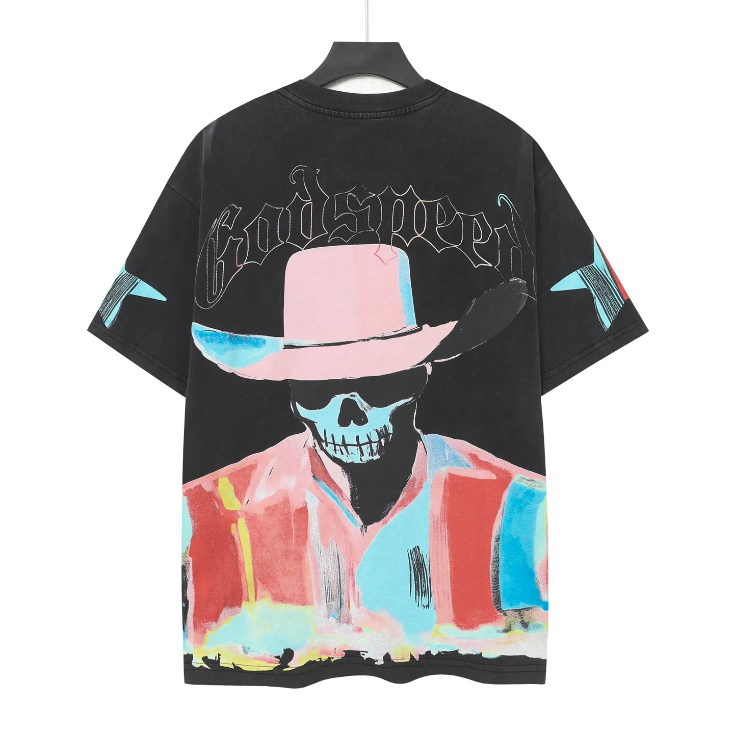 6097#washed black I P116 Godspeed cross-border American rock and roll street washed retro style short-sleeved T (craft printing) fabric (fabric): 32 count combed double yarn 250 grams weight code number (size): S-M-L-XL color (colour): washed black