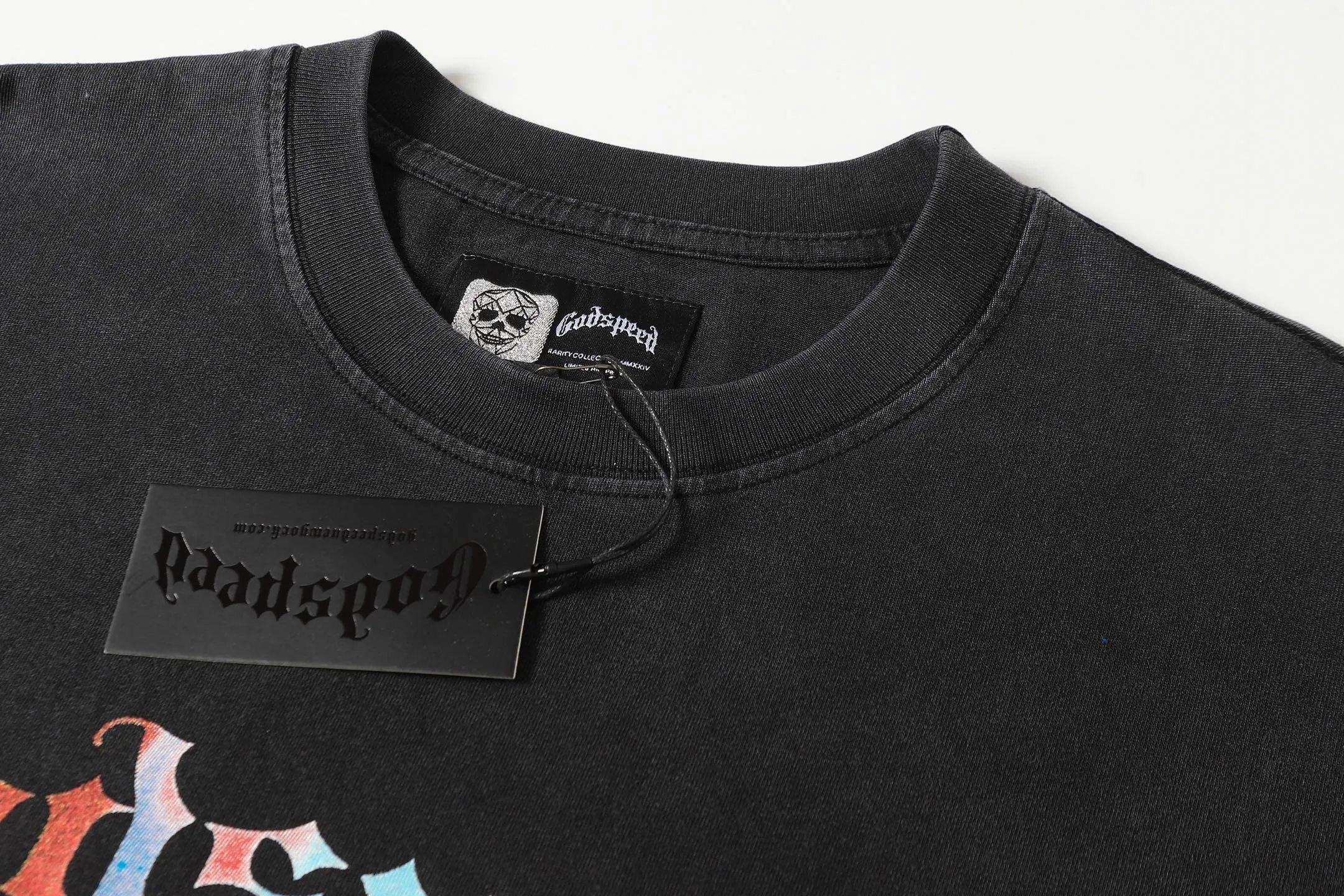 6097#washed black I P116 Godspeed cross-border American rock and roll street washed retro style short-sleeved T (craft printing) fabric (fabric): 32 count combed double yarn 250 grams weight code number (size): S-M-L-XL color (colour): washed black