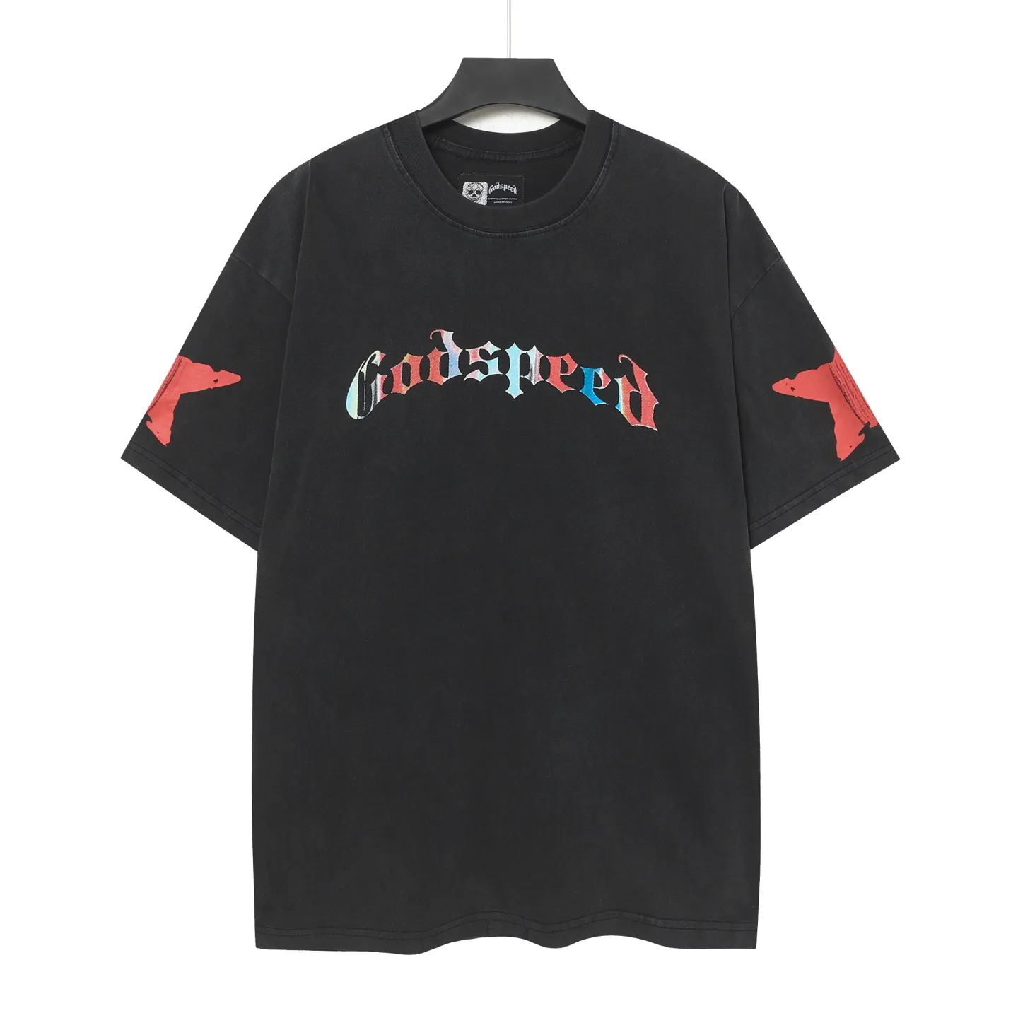 6097#washed black I P116 Godspeed cross-border American rock and roll street washed retro style short-sleeved T (craft printing) fabric (fabric): 32 count combed double yarn 250 grams weight code number (size): S-M-L-XL color (colour): washed black