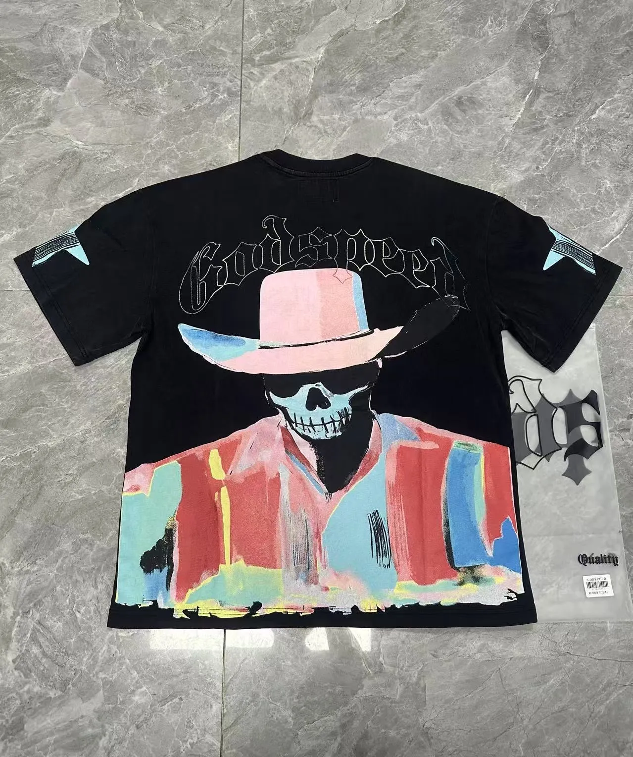6097#washed black I P116 Godspeed cross-border American rock and roll street washed retro style short-sleeved T (craft printing) fabric (fabric): 32 count combed double yarn 250 grams weight code number (size): S-M-L-XL color (colour): washed black