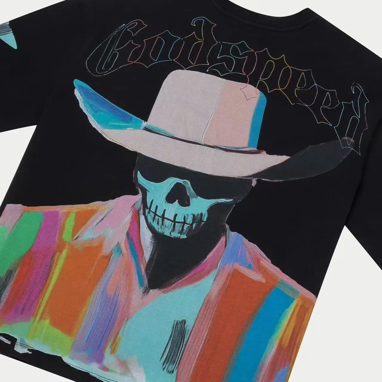 6097#washed black I P116 Godspeed cross-border American rock and roll street washed retro style short-sleeved T (craft printing) fabric (fabric): 32 count combed double yarn 250 grams weight code number (size): S-M-L-XL color (colour): washed black