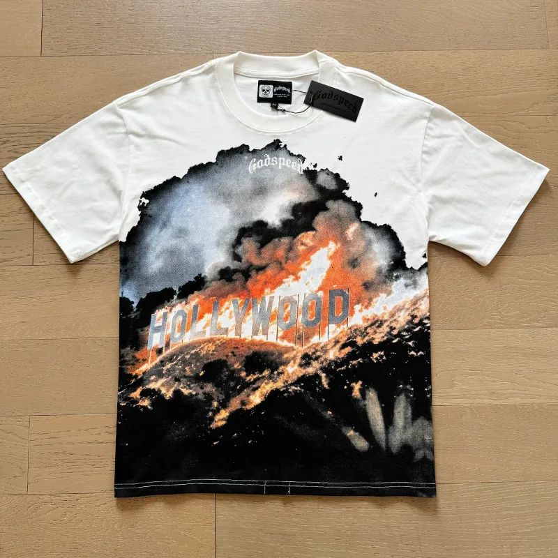 3007# P110 Real shot Godspeed American fashion rock street retro loose printed cotton short sleeves Fabric: 240g 32 count fine cotton double yarn pure cotton Color: off-white Size: S M L XL