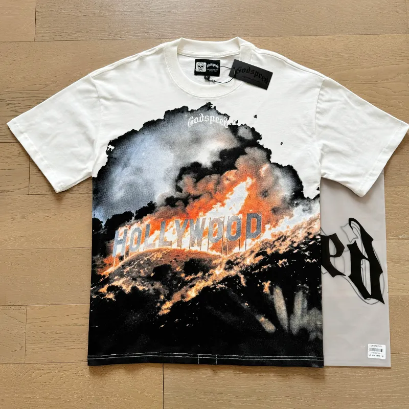 3007# P110 Real shot Godspeed American fashion rock street retro loose printed cotton short sleeves Fabric: 240g 32 count fine cotton double yarn pure cotton Color: off-white Size: S M L XL