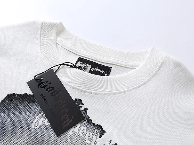 3007# P110 Real shot Godspeed American fashion rock street retro loose printed cotton short sleeves Fabric: 240g 32 count fine cotton double yarn pure cotton Color: off-white Size: S M L XL