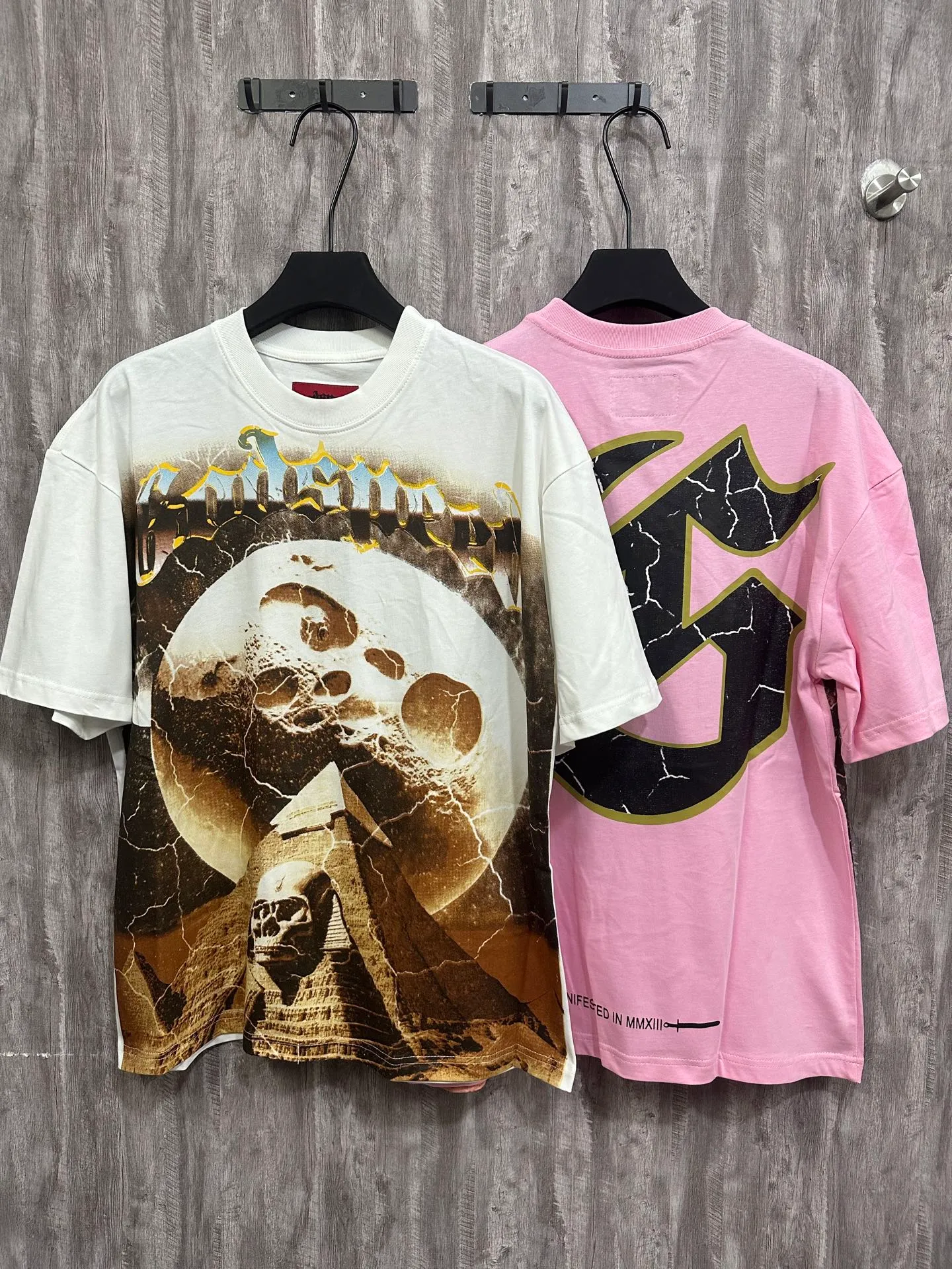 5023#White/Pink｜P104 Godspeed cross-border American rock and roll street washed retro style short-sleeved T (craft printing) fabric (fabric): 32 count combed double yarn 240 grams weight code number (size): S-M-L-XL color (colour): white.pink