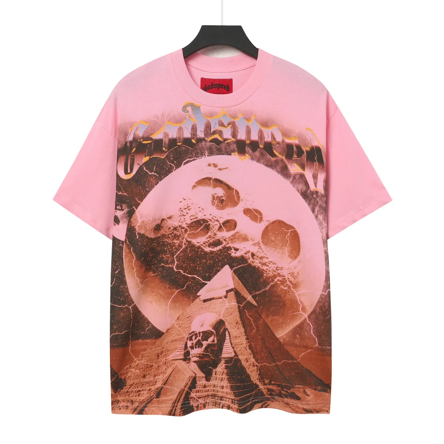 5023#White/Pink｜P104 Godspeed cross-border American rock and roll street washed retro style short-sleeved T (craft printing) fabric (fabric): 32 count combed double yarn 240 grams weight code number (size): S-M-L-XL color (colour): white.pink