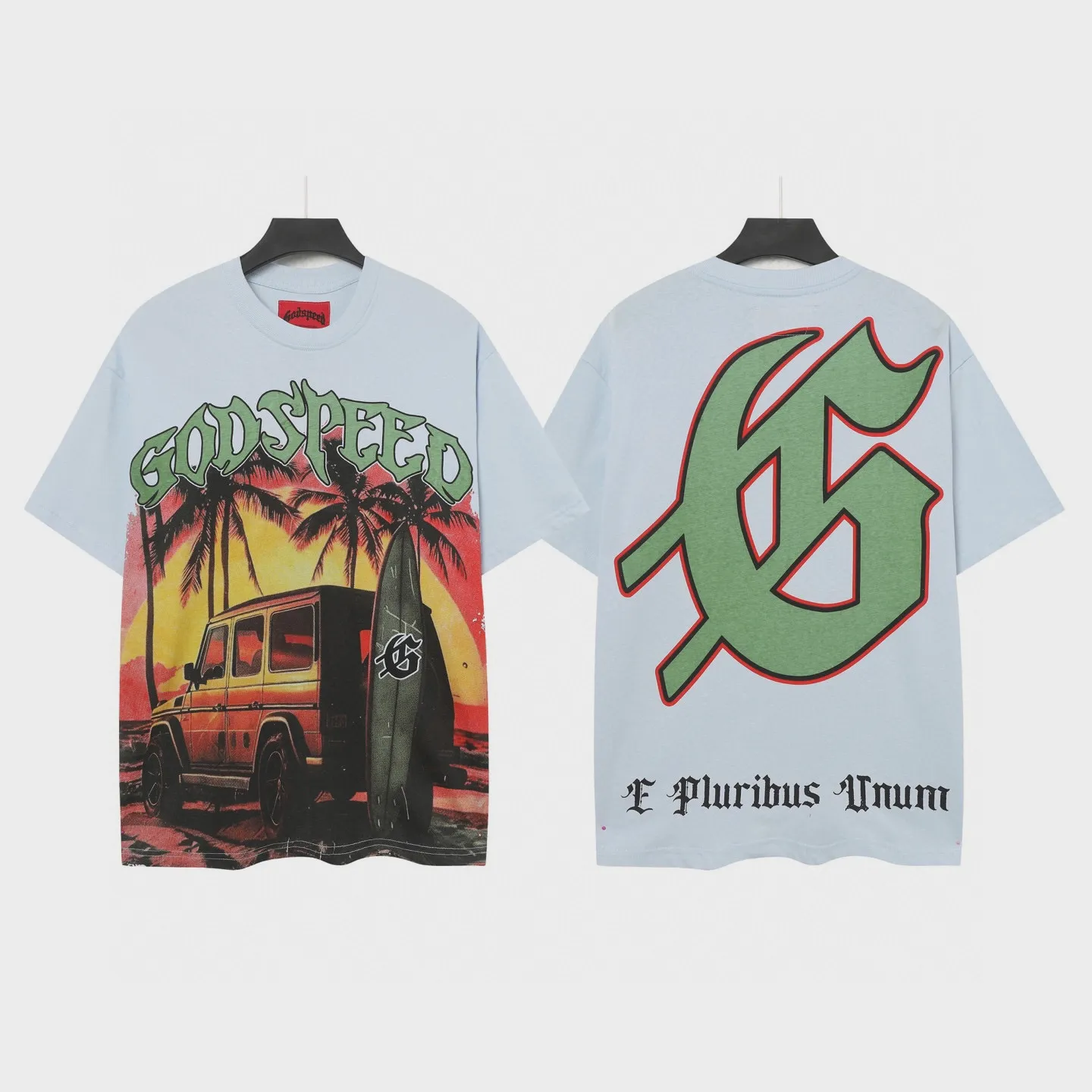 5072# Ice Blue P104 Colored Godspeed cross-border American rock and roll street wash retro style short-sleeved T (craft printing) fabric (fabric) 32 counts combed double yarn 240 grams weight code number (size): S-M-L-XL color (colour): light blue