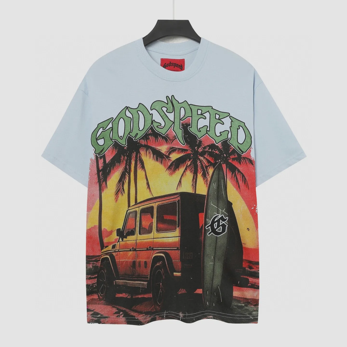 5072# Ice Blue P104 Colored Godspeed cross-border American rock and roll street wash retro style short-sleeved T (craft printing) fabric (fabric) 32 counts combed double yarn 240 grams weight code number (size): S-M-L-XL color (colour): light blue