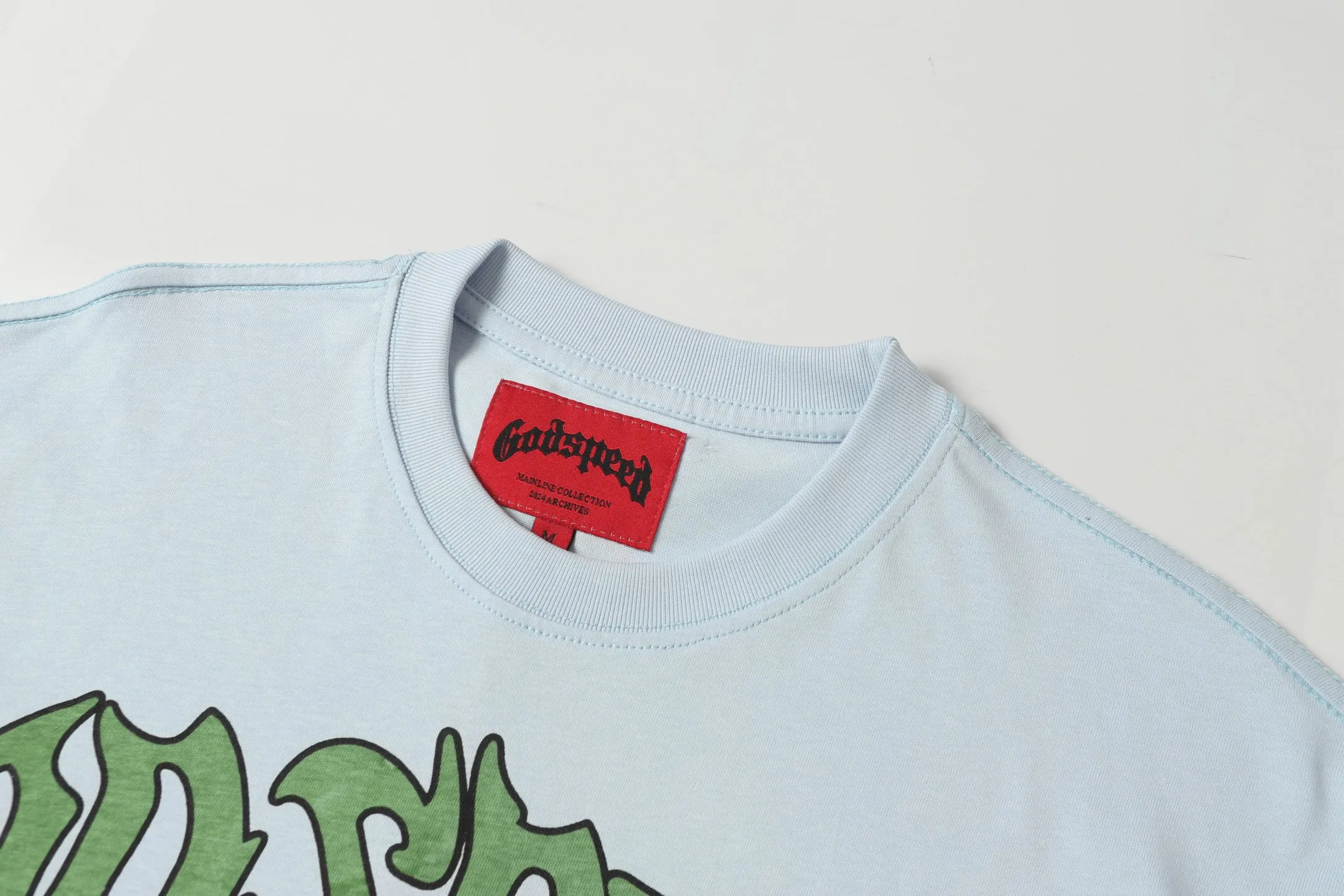 5072# Ice Blue P104 Colored Godspeed cross-border American rock and roll street wash retro style short-sleeved T (craft printing) fabric (fabric) 32 counts combed double yarn 240 grams weight code number (size): S-M-L-XL color (colour): light blue