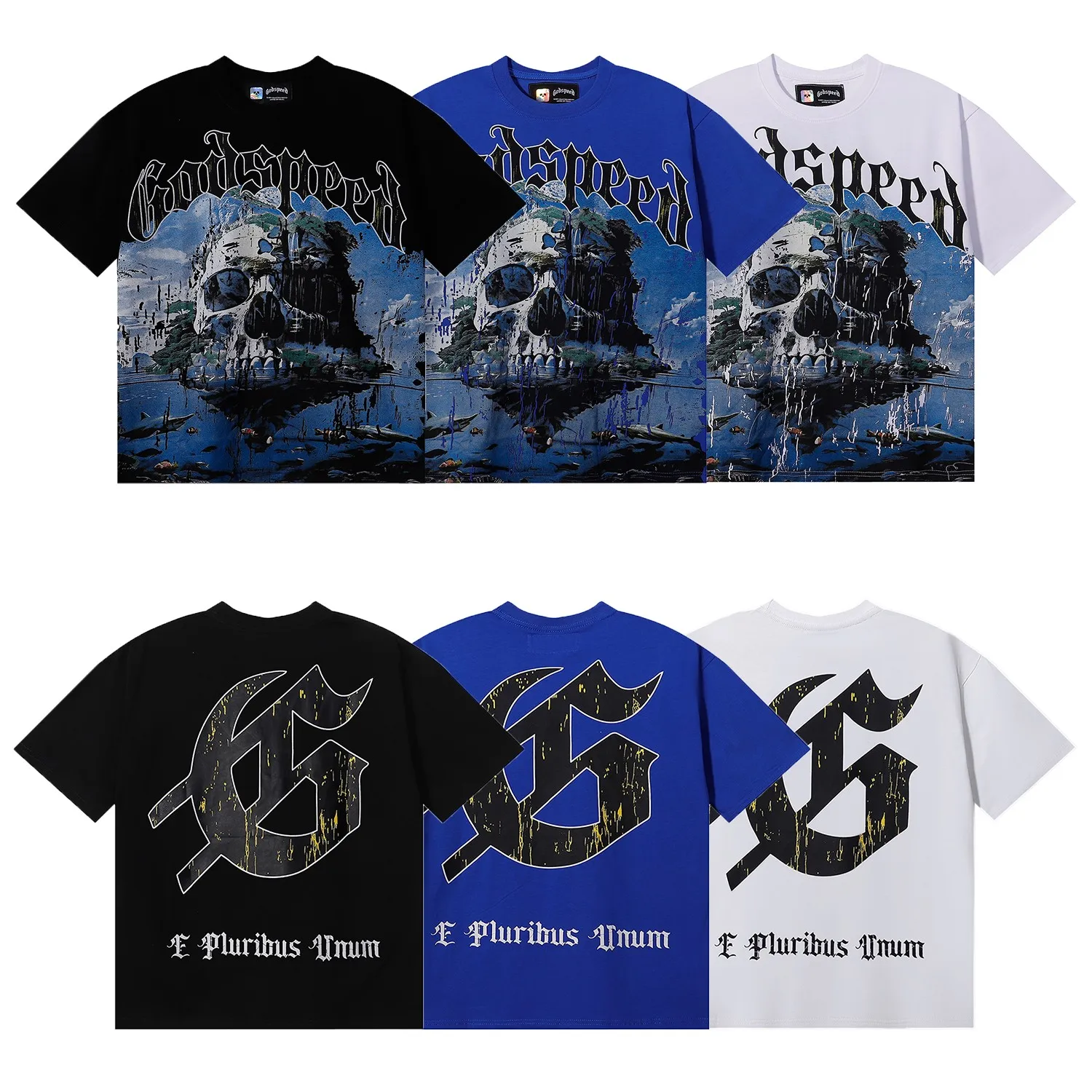 No. 7065, Mechao Godspeed skull landscape scenery printed high-quality double yarn pure cotton casual short-sleeved T-shirt batch 110 Color: black, white, colorful blue; Size: S M L XL