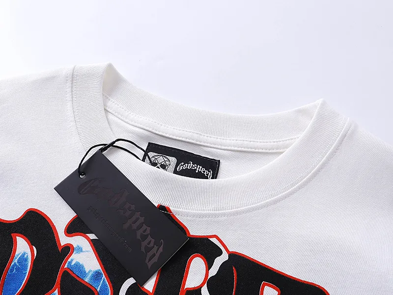 3012# P110 Real shot Godspeed American fashion rock street retro loose printed cotton short sleeves Fabric: 240g 32 count fine cotton double yarn pure cotton Color: off-white Size: S M L XL