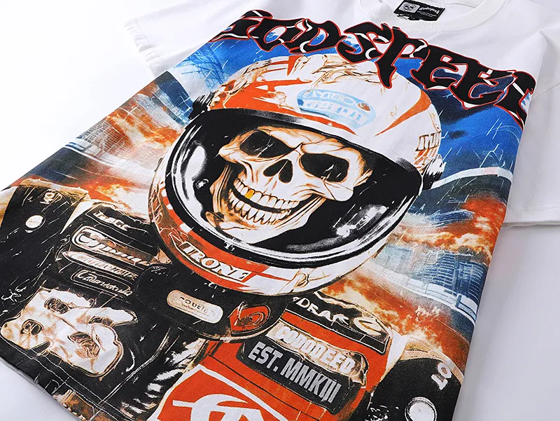 3012# P110 Real shot Godspeed American fashion rock street retro loose printed cotton short sleeves Fabric: 240g 32 count fine cotton double yarn pure cotton Color: off-white Size: S M L XL