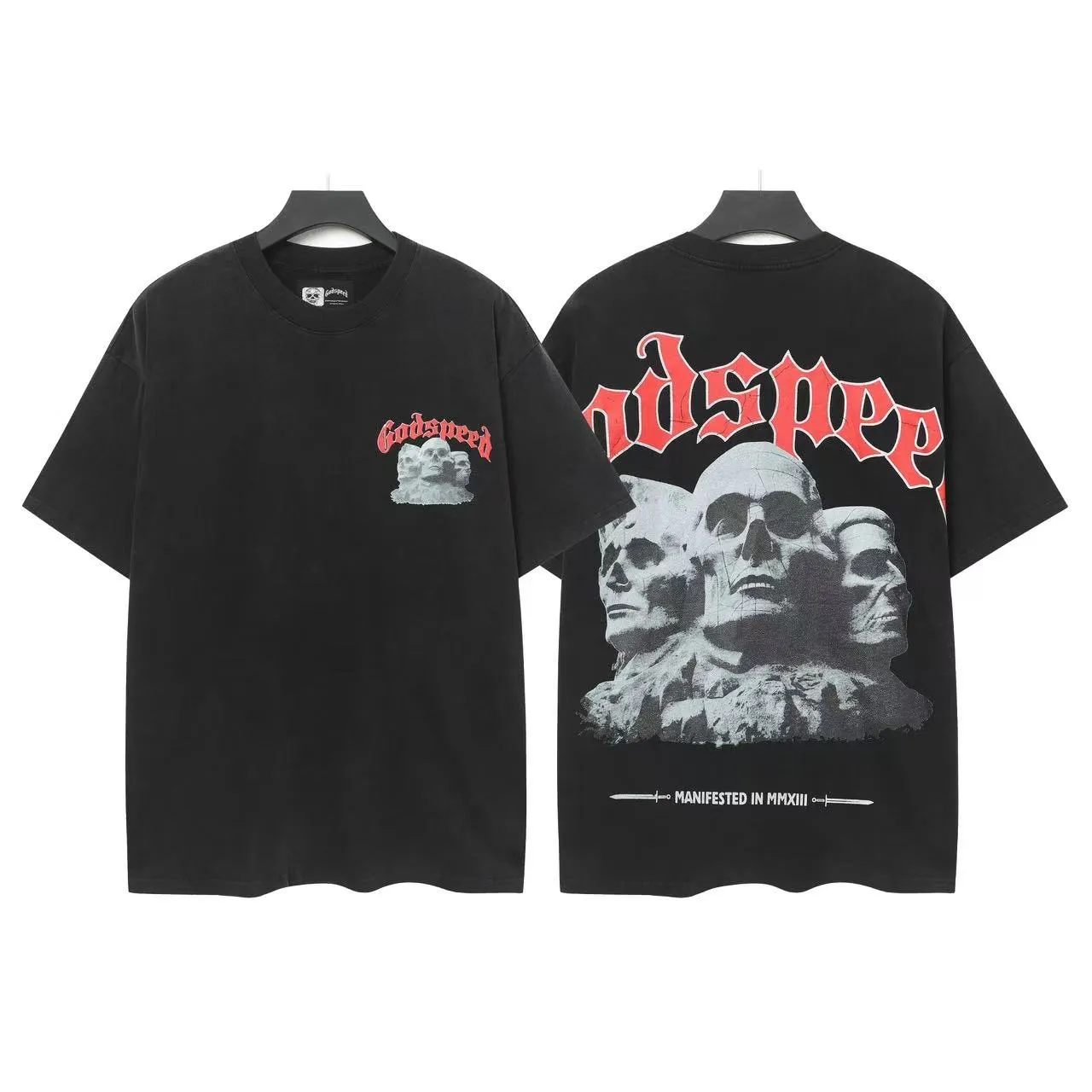 6033# washed black｜P116 Godspeed cross-border American rock and roll street washed retro style short-sleeved T (craft printing) fabric (fabric): 32 count combed double yarn 250 grams weight code (size): S-M-L-XL color (colour): washed black 👉