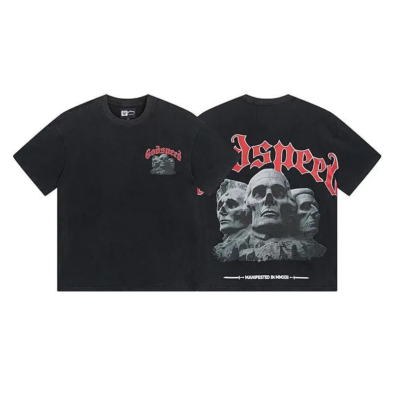 6033# washed black｜P116 Godspeed cross-border American rock and roll street washed retro style short-sleeved T (craft printing) fabric (fabric): 32 count combed double yarn 250 grams weight code (size): S-M-L-XL color (colour): washed black 👉