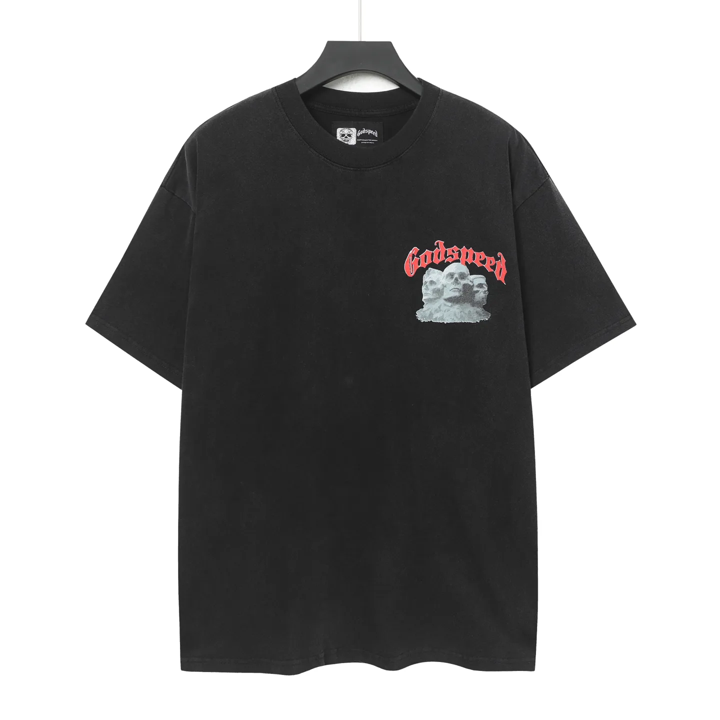 6033# washed black｜P116 Godspeed cross-border American rock and roll street washed retro style short-sleeved T (craft printing) fabric (fabric): 32 count combed double yarn 250 grams weight code (size): S-M-L-XL color (colour): washed black 👉