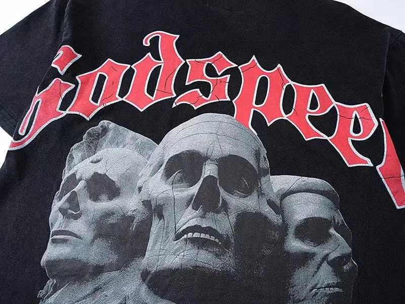 6033# washed black｜P116 Godspeed cross-border American rock and roll street washed retro style short-sleeved T (craft printing) fabric (fabric): 32 count combed double yarn 250 grams weight code (size): S-M-L-XL color (colour): washed black 👉