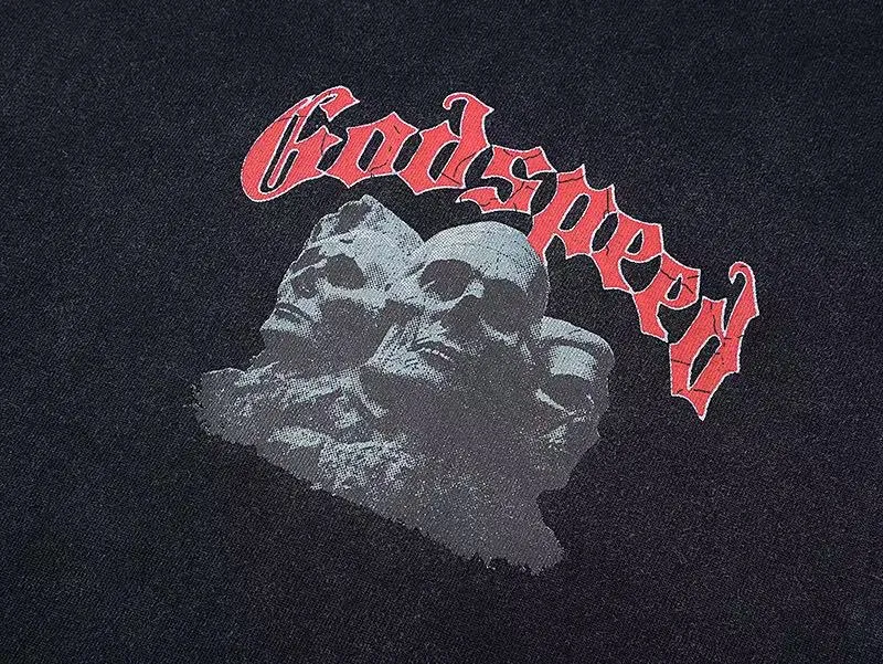 6033# washed black｜P116 Godspeed cross-border American rock and roll street washed retro style short-sleeved T (craft printing) fabric (fabric): 32 count combed double yarn 250 grams weight code (size): S-M-L-XL color (colour): washed black 👉