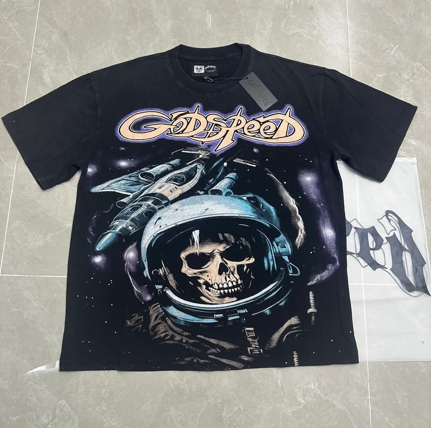 6112#washed black I P116 Godspeed cross-border American rock and roll street washed retro style short-sleeved T (craft printing) fabric (fabric): 32 count combed double yarn 250 grams weight code number (size): S-M-L-XL color (colour): washed black