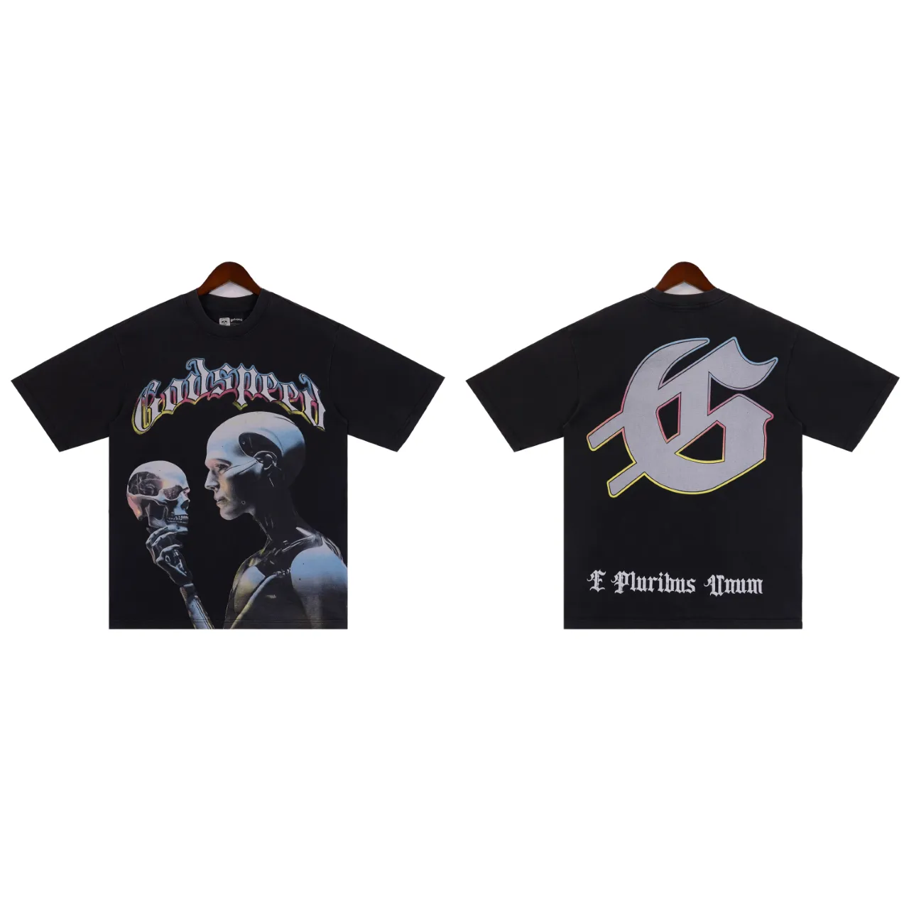 Style number: 2863 Fabric: 230g washed black P126 apricot P116 Real shot in stock beautiful trendy Godspeed skull print washed distressed high quality double yarn casual round neck short-sleeved T-shirt for men and women Color; washed black washed apricot Size: S M L XL