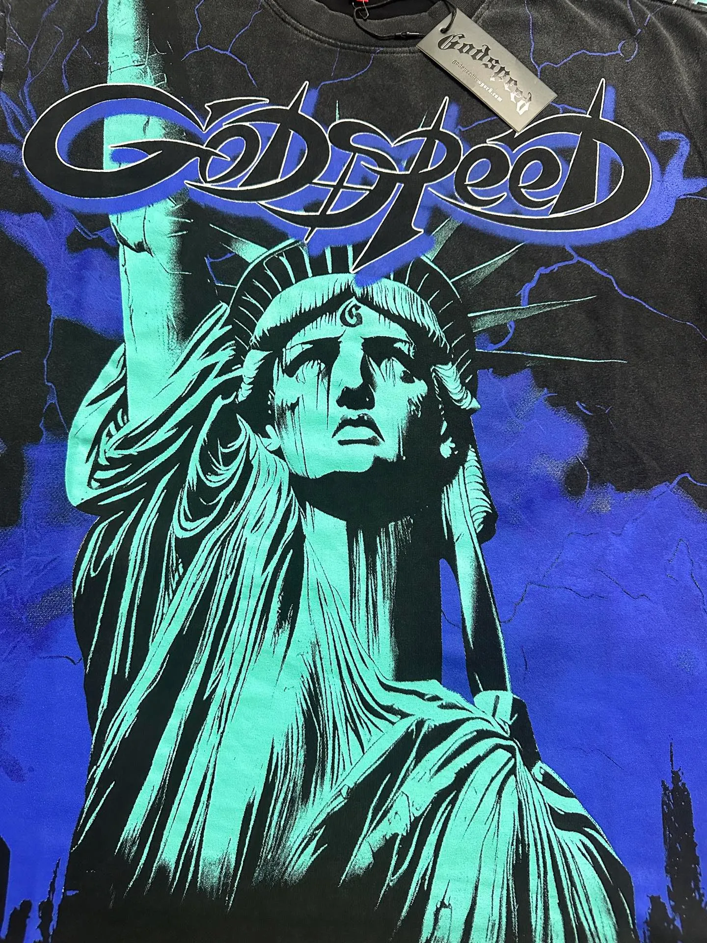 6301# Washed black-blue I P116 Real stock (American fashion niche) Godspeed cross-border American rock street washed retro style short-sleeved T (craft printing) Fabric (fabric): 32 counts combed double yarn 250 grams weight Size (size): S-M-L-XL Color (colour): Washed black-blue