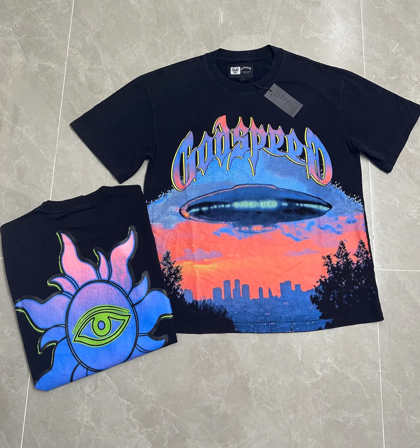 6140# washed black I P116 Godspeed cross-border American rock and roll street washed retro style short-sleeved T (craft printing) fabric (fabric): 32 count combed double yarn 250 grams weight code number (size): S-M-L-XL color (colour): washed black