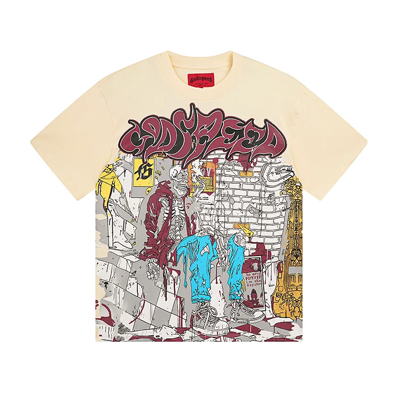 3036# P110 Real shot Godspeed American fashion rock street retro loose printed cotton short sleeves Fabric: 240g 32 count fine cotton double yarn pure cotton Color: apricot Size: S M L XL